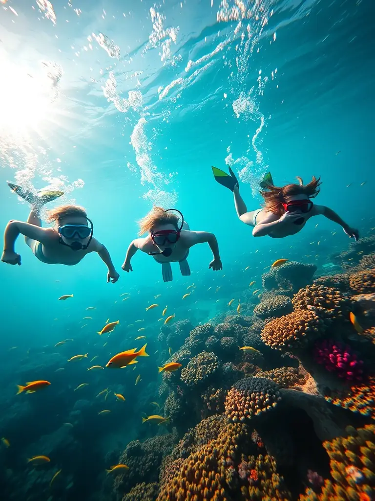 Snorkelers exploring a shallow reef teeming with colorful fish, emphasizing the accessibility and beauty of snorkeling activities offered by the club.