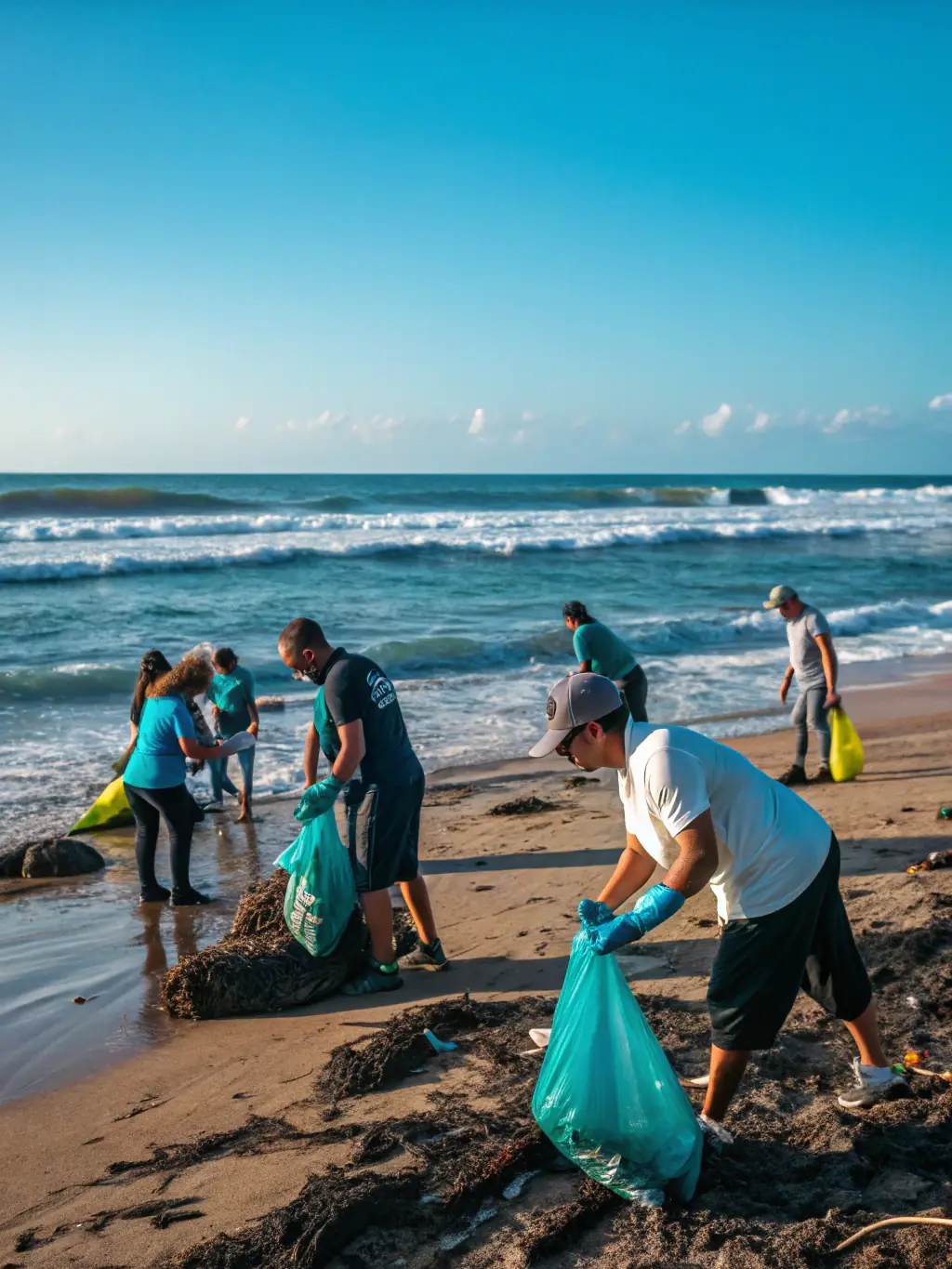 A group of volunteers participating in a coral reef cleanup activity, removing debris and helping to protect the delicate marine ecosystem.