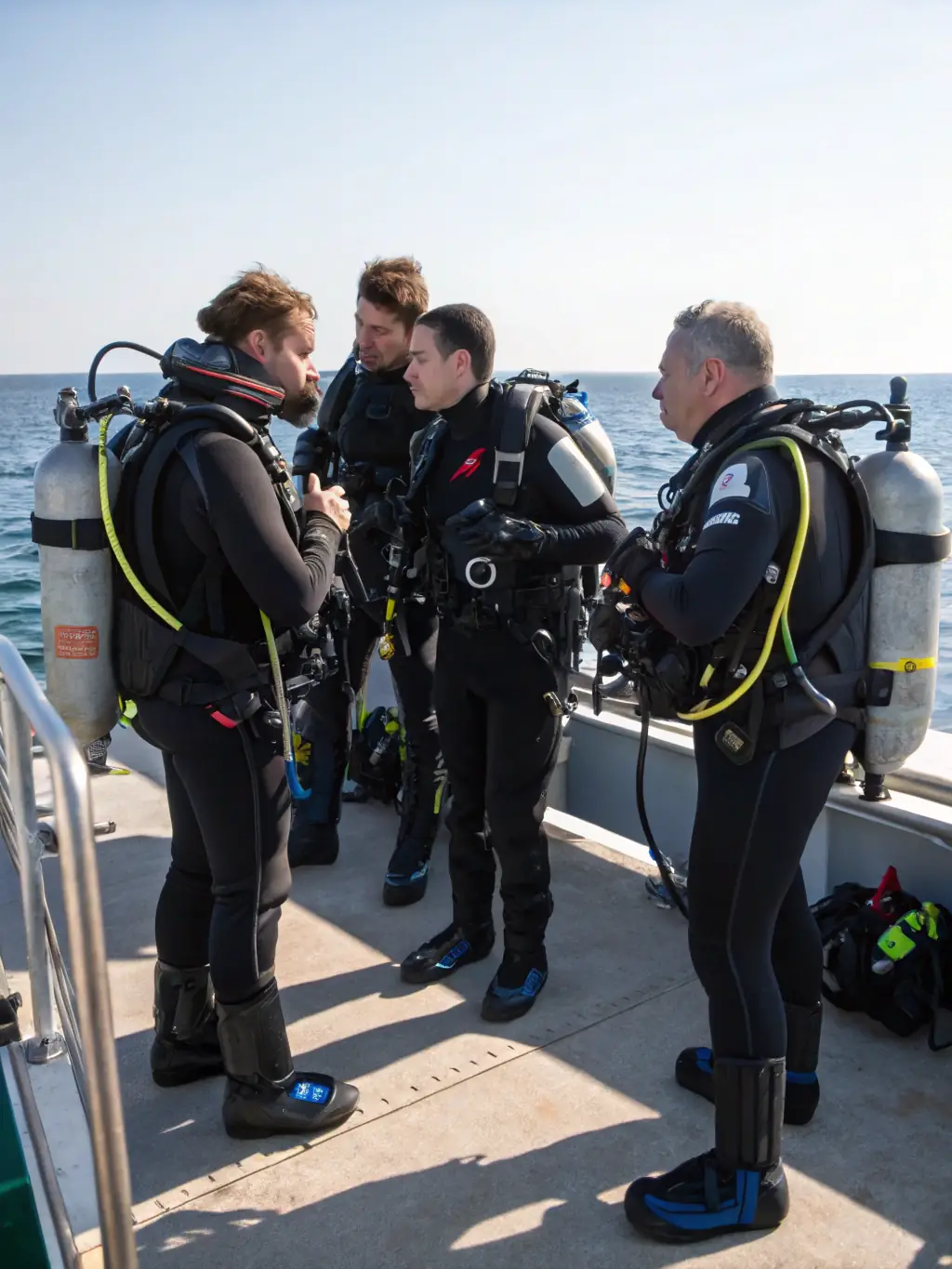 A group of divers in full gear preparing to enter the water from a boat, showcasing the excitement and preparation involved in diving expeditions organized by CLUB DE PLONGEE DU PAYS D'EGLETONS.