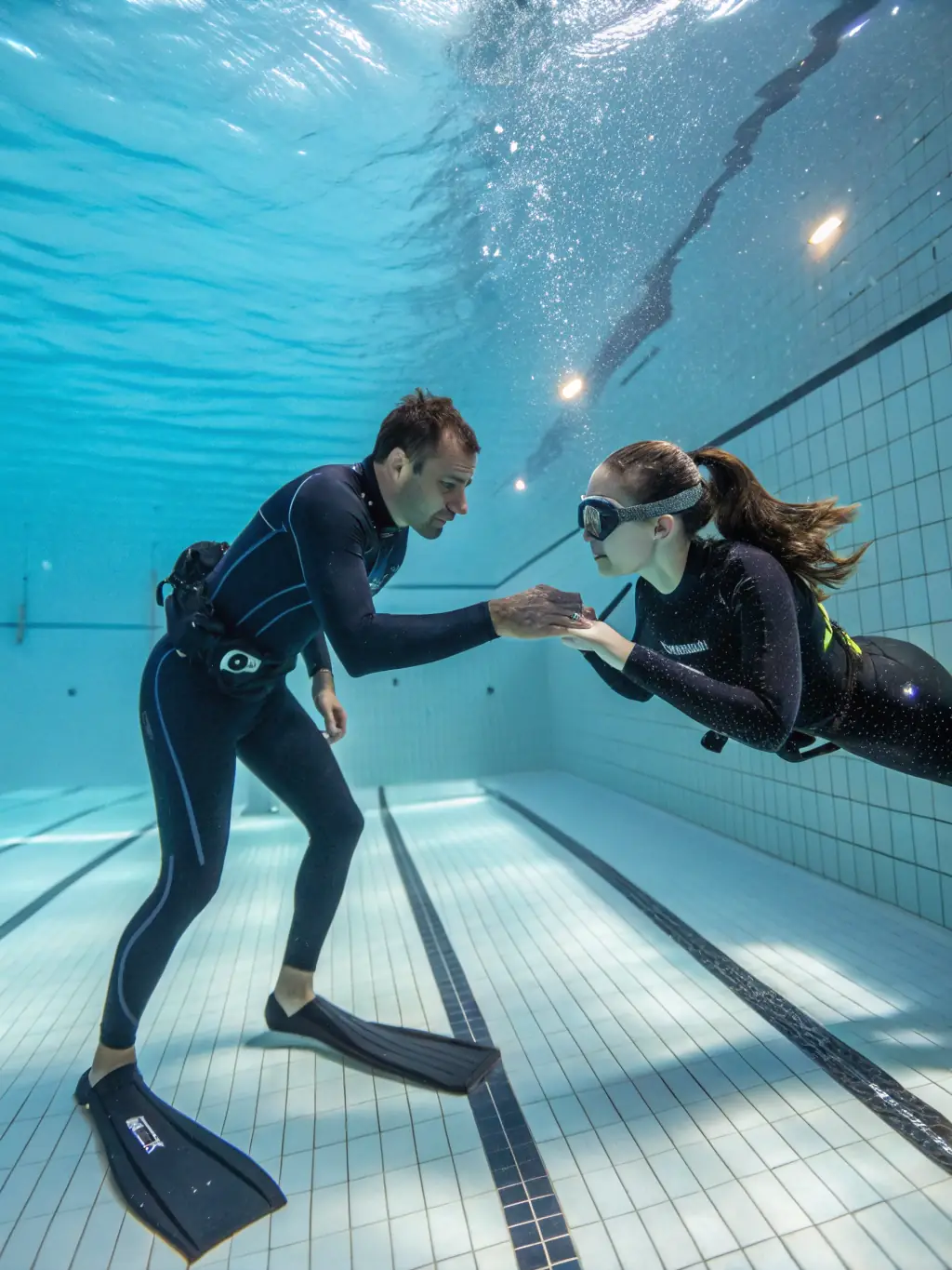A close-up shot of an experienced diving instructor demonstrating proper technique to a student in a clear pool, emphasizing the personalized attention and expert guidance provided by CLUB DE PLONGEE DU PAYS D'EGLETONS.