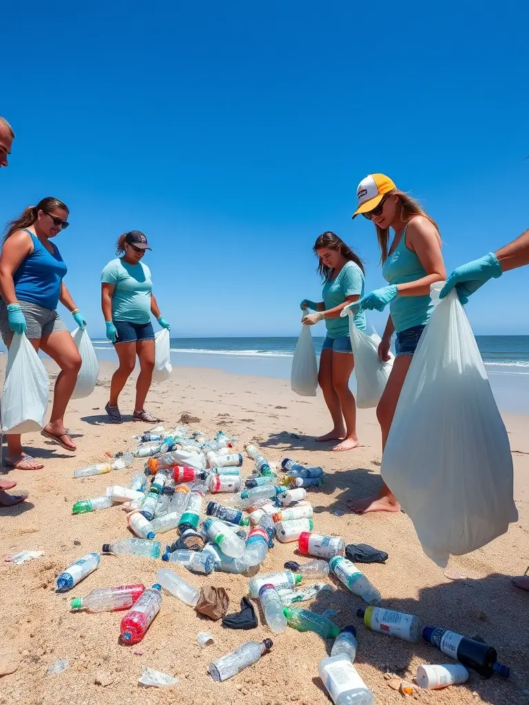 Volunteers cleaning up debris from a local beach, illustrating the club's commitment to environmental conservation and community involvement.