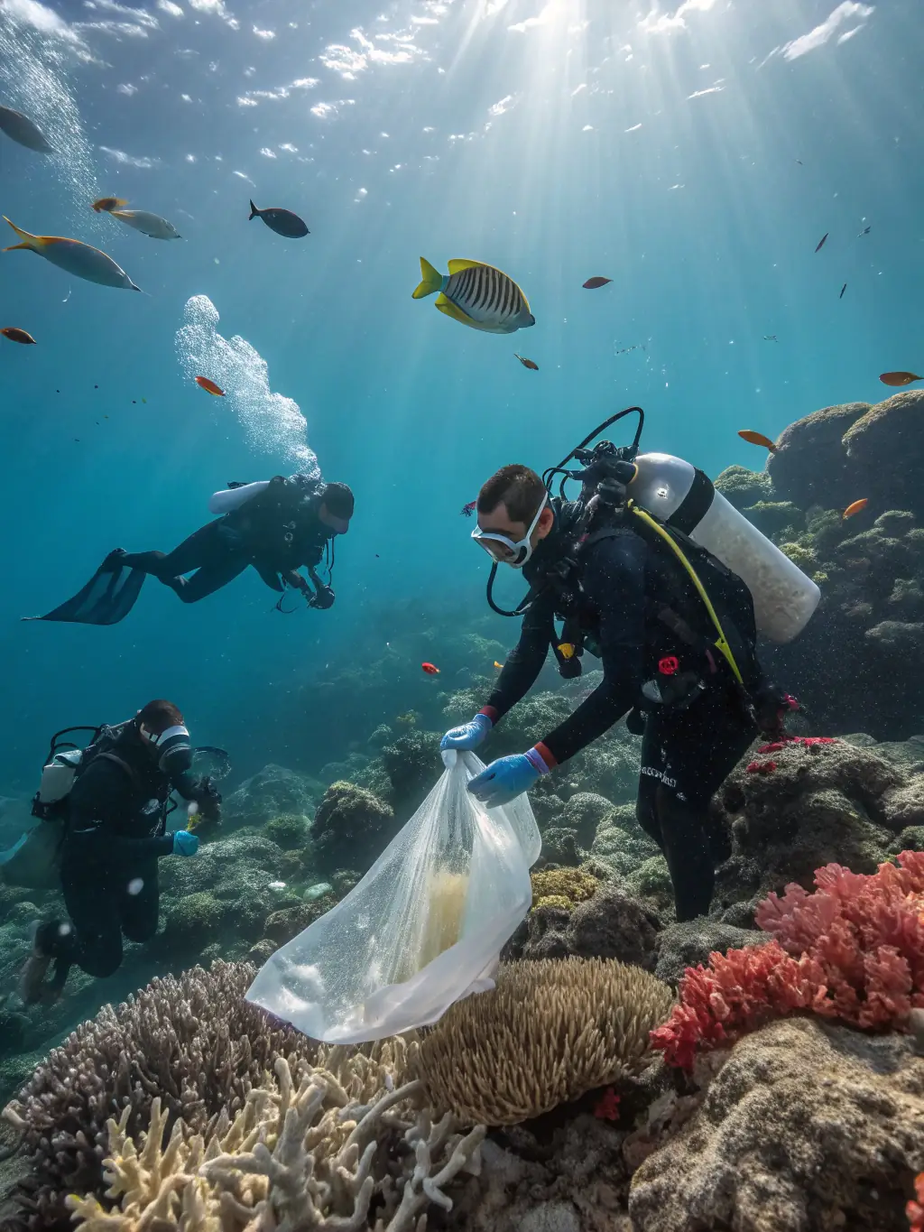Divers collecting trash from the seabed during an organized cleanup dive, highlighting CLUB DE PLONGEE DU PAYS D'EGLETONS's commitment to environmental conservation and responsible diving practices.