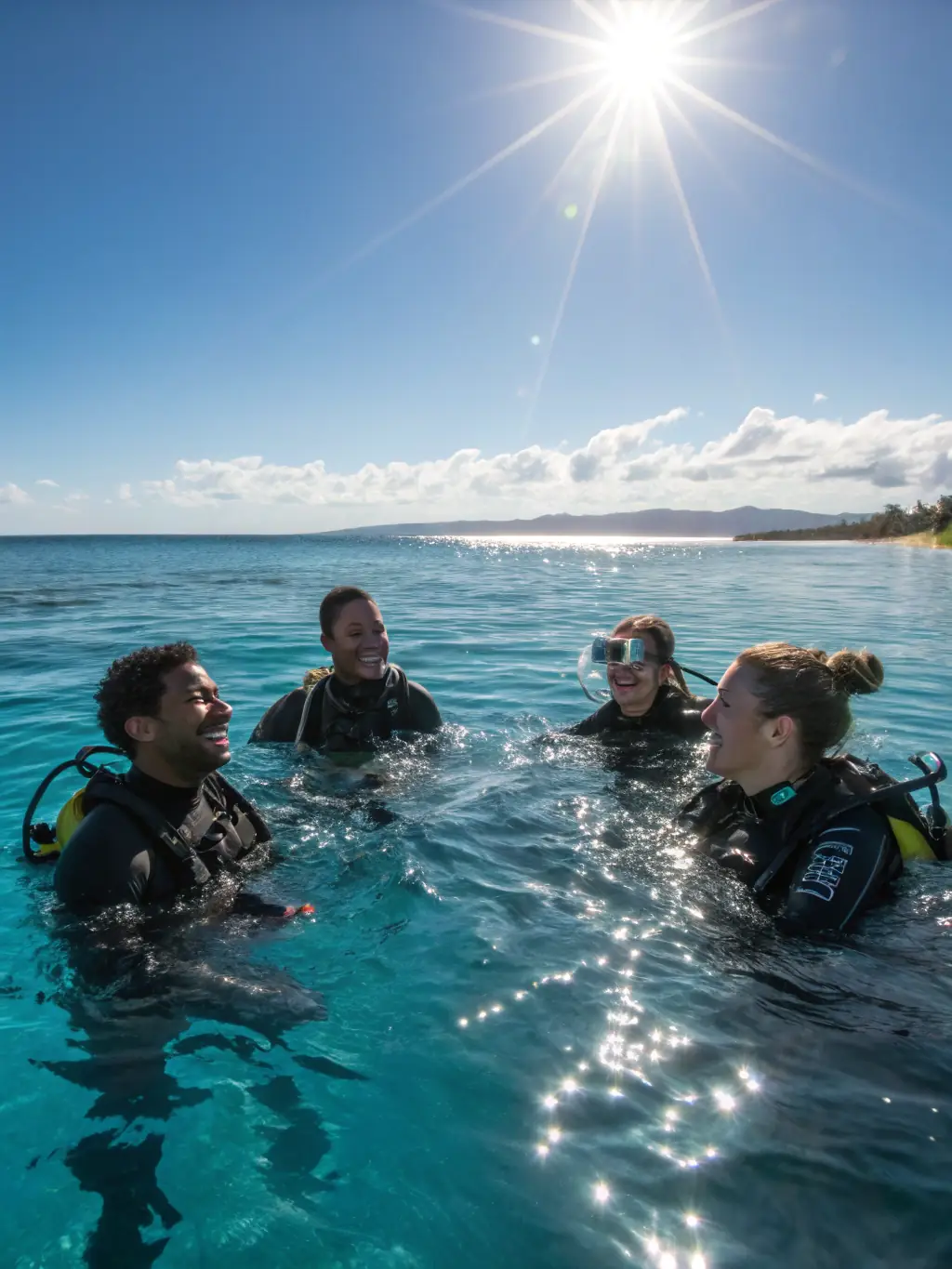 A group of divers laughing and sharing stories after a dive, showcasing the strong sense of community and camaraderie within CLUB DE PLONGEE DU PAYS D'EGLETONS.
