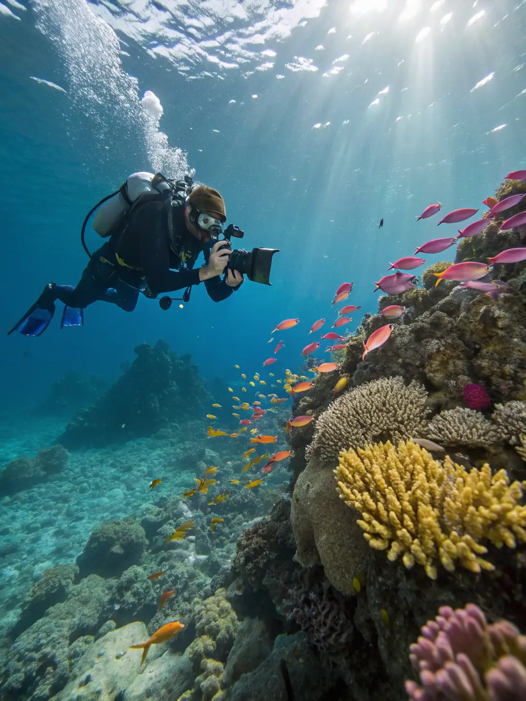 An underwater photographer capturing the vibrant marine life, highlighting the advanced underwater exploration opportunities provided by the club.