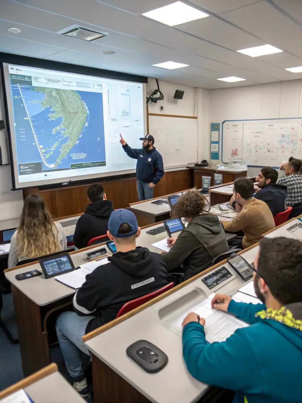 A classroom setting with an instructor teaching underwater navigation techniques, highlighting the educational aspect of the club's programs.