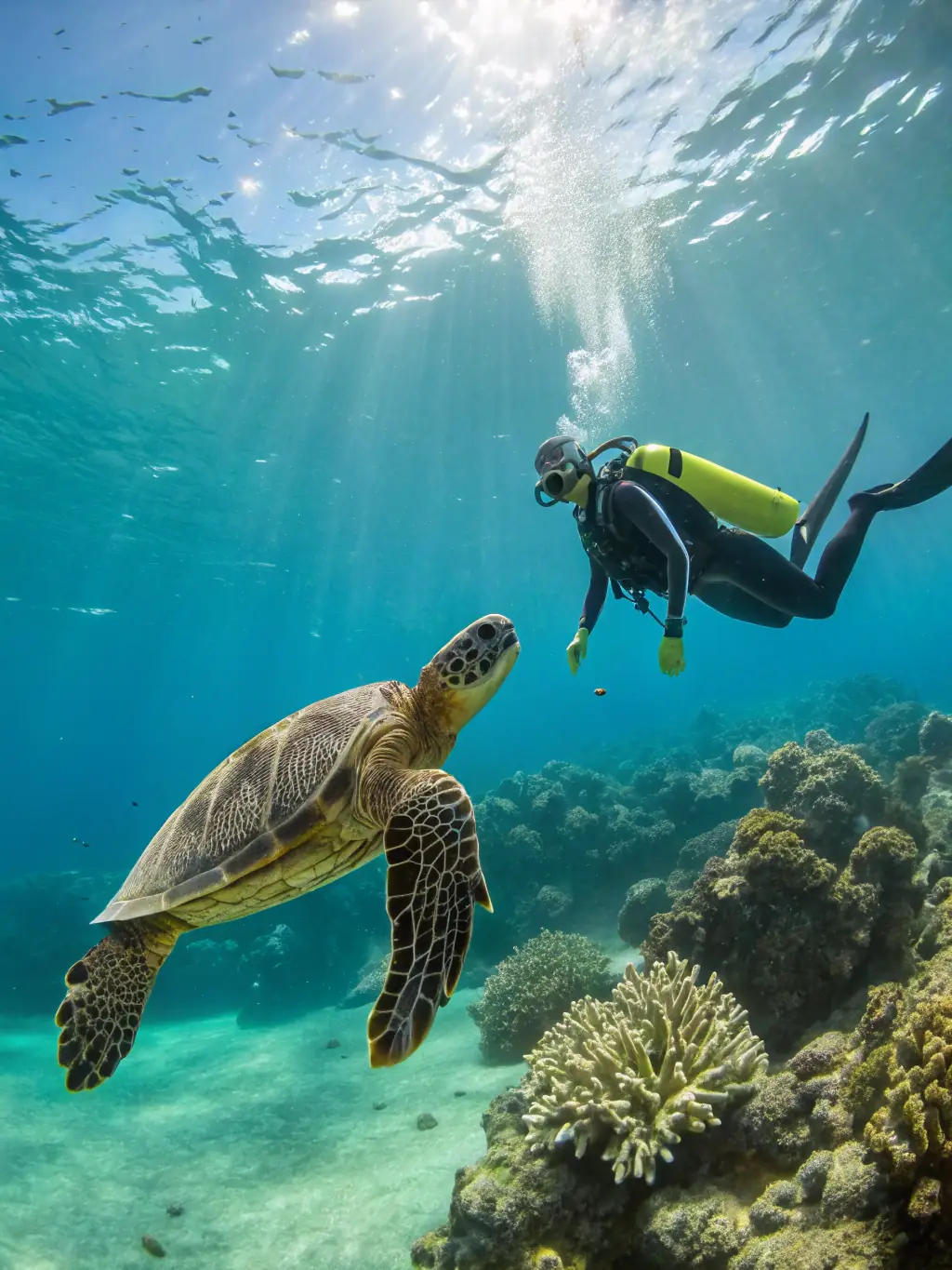 A diver swimming alongside a sea turtle in a protected marine area, illustrating the unique opportunities for underwater exploration and wildlife encounters offered by CLUB DE PLONGEE DU PAYS D'EGLETONS.