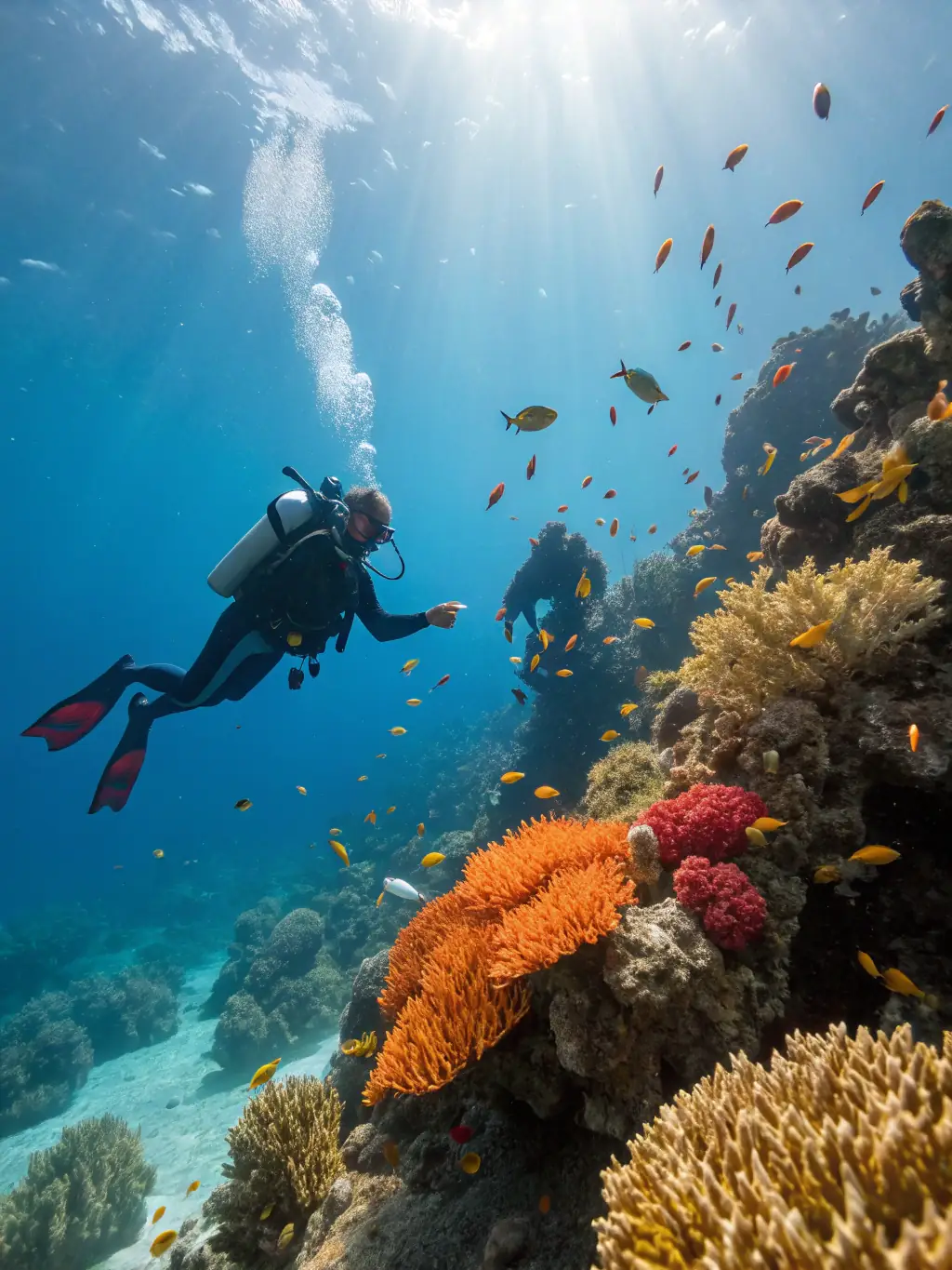 A group of divers exploring a vibrant coral reef, showcasing the beauty and biodiversity of the underwater world during an advanced diving program.