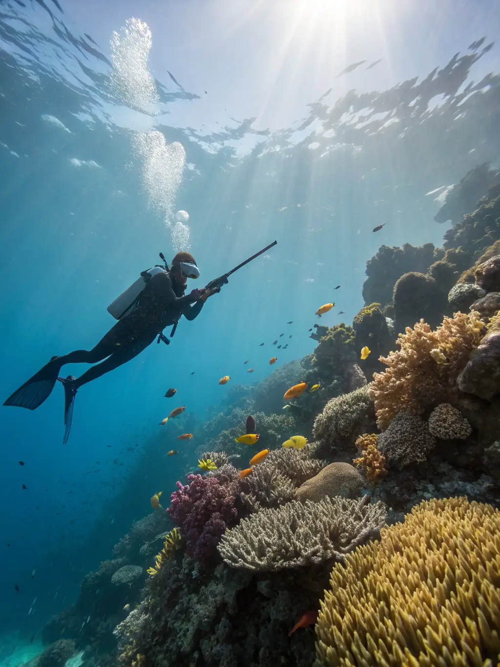 A serene underwater scene featuring a diver exploring a coral reef, emphasizing the beauty and tranquility of the diving experience offered by CLUB DE PLONGEE DU PAYS D'EGLETONS.