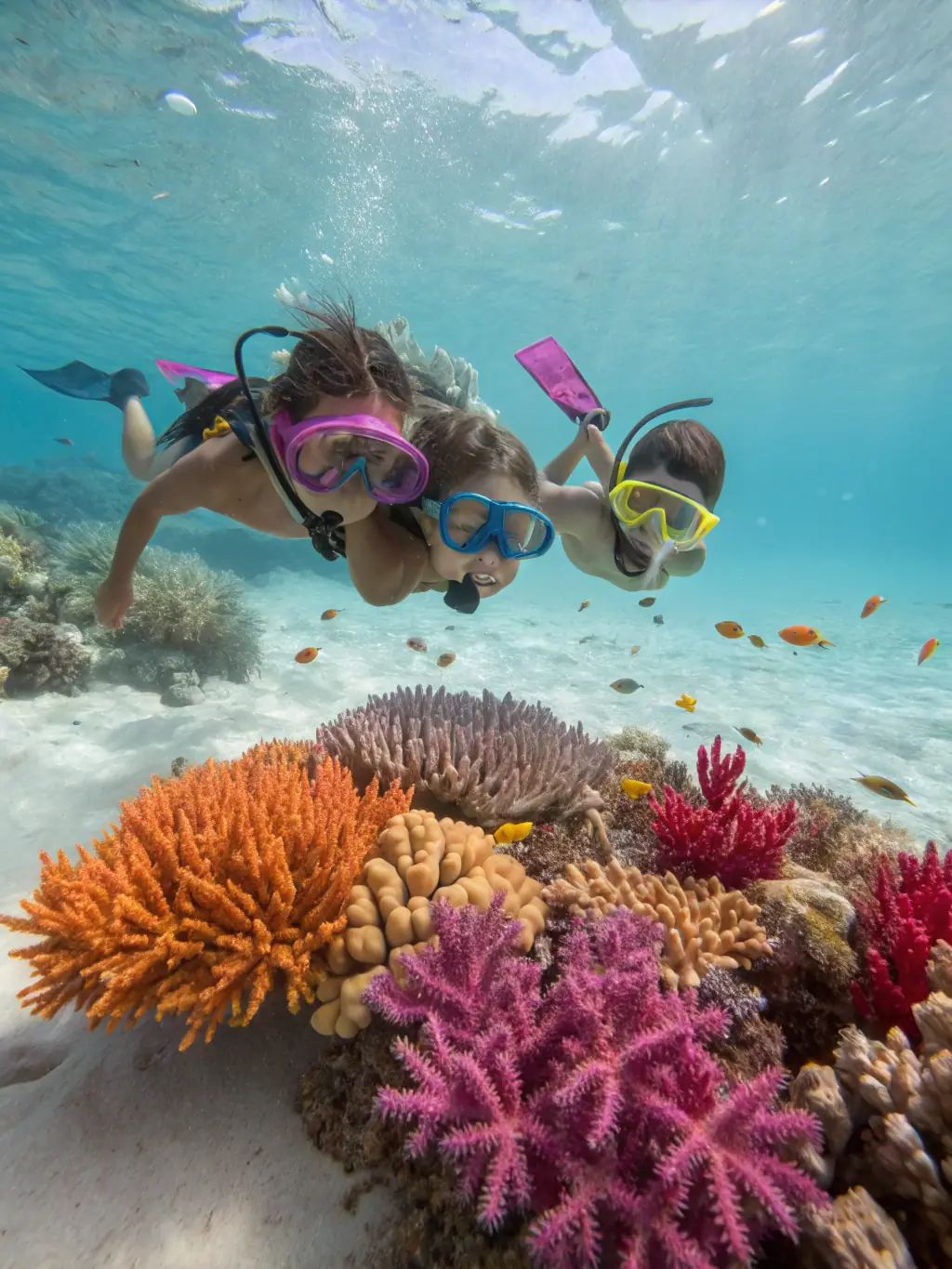 Snorkelers enjoying a guided snorkeling tour in clear, shallow waters, observing colorful fish and marine life in a safe and accessible environment.